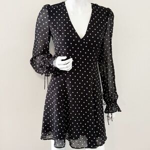 The Kooples Black & White Polka Dot Long Sleeve Mini Dress w Ruffle Tie Cuffs